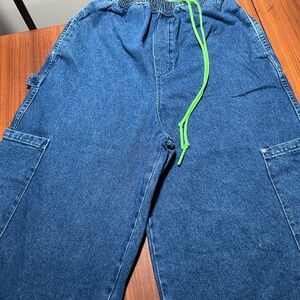 Meals size xs Denim Cargo Pants with Neon Green Drawstring